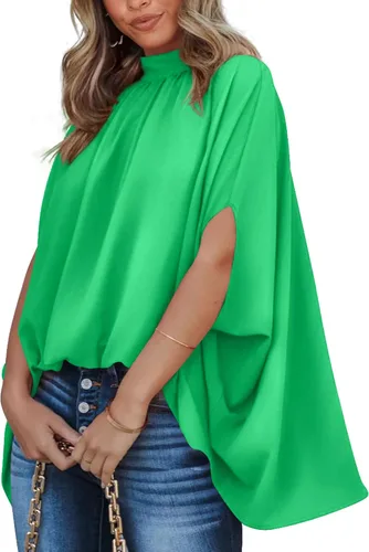 Vista 43 de BTFBM Blusas de verano para mujer, cuello alto falso, manga murciélago, holgadas, dobladillo alto y bajo, blusas informales de gran
