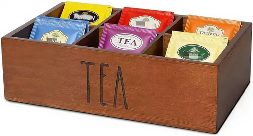 Vista 10 de LBEMEY - Organizador de bolsas de té, recipientes de almacenamiento de té de madera con 6 compartimentos, soporte para paquetes de azúcar, caja