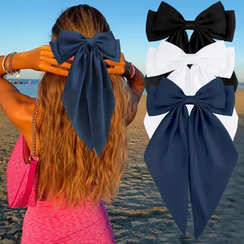 Vista 16 de Velscrun Lazos para el cabello para mujeres y niñas, 3 unidades, lazo blanco, lazo negro, azul marino, lazos grandes para el cabello con clip, lazos