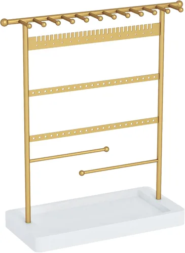 Vista 5 de SANY DAYO HOME Organizador de joyas de 6 niveles, soporte para collares, estante de torre de joyería dorado con 12 ganchos para collares, 29 muescas
