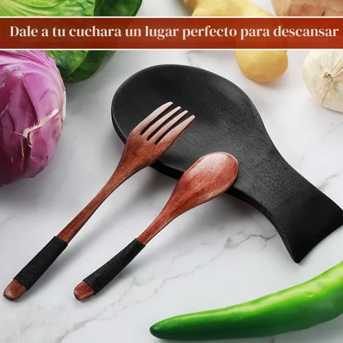 Vista 5 de Patelai Soporte para cucharas de madera de acacia para estufa, soporte de bambú para soporte de espátula para cocina, soporte para cuchara