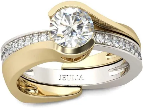 Vista 8 de Jeulia Anillo asimétrico de 2,5 quilates para mujer de corte redondo de diamantes de 14 quilates chapado en oro de 14 quilates anillos de compromiso