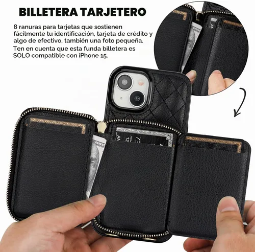 Vista 4 de Bocasal Funda tipo cartera con bandolera para iPhone 15, de cuero PU con bloqueo RFID, con cierre de cremallera, cartera tipo bolso con función Negro