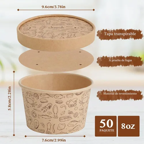Vista 2 de LITOPAK Paquete de 50 recipientes de papel de 8 onzas con tapas ventiladas, vasos de papel kraft para alimentos, recipientes de sopa con tapas