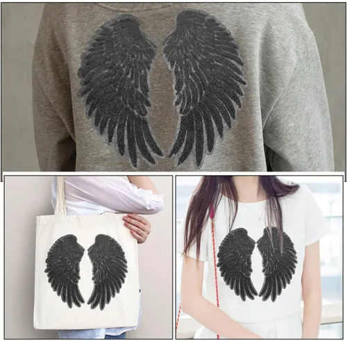 Vista 3 de 2pcs Black Sequin Angel Wing Patches Embroidered Applique DIY Clothing Decor Craft Accessories for Jackets and Garments