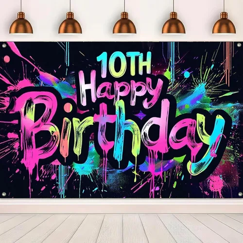 Vista 5 de HOMETITUTE Pancarta de Neón de Feliz 10mo Cumpleaños 71 x 43 pulgadas, Salpicadura de Pintura que Brilla en la Oscuridad, Telón de Fondo