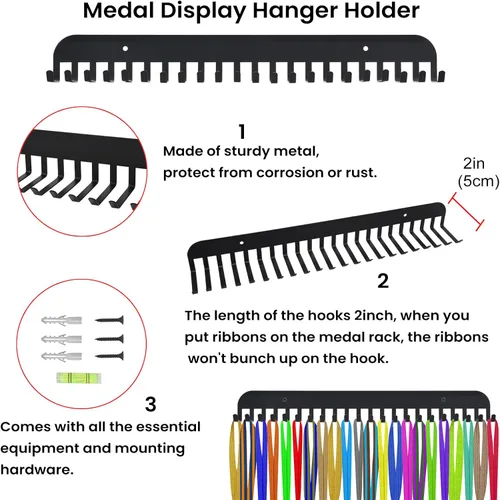 Vista 3 de 2 soportes para medallas de gimnasia, estante de exhibición para medallas y cintas, exhibidor de medallas con 22 ganchos (negro)
