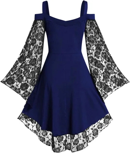Vista 2 de Attine Disfraz de Halloween para mujer, medieval, renacentista, vestido de cosplay, gótico, vintage, victoriano, irlandés, vestido sobre plumón