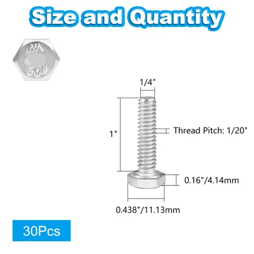 Vista 2 de 30 Piezas Tornillos Hexagonales 1/4-20 x 1, Tornillos de Cabeza Hexagonal 1/4"-20, Pernos Hexagonales, Acero Inoxidable 304, Accionamiento Hexagonal