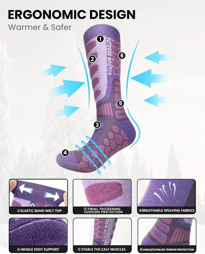 Vista 3 de OutdoorMaster Calcetines de esquí de lana merina, 23 pares sobre la pantorrilla, puños antideslizantes para hombres y mujeres, calcetines térmicos