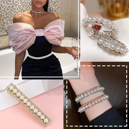 Vista 6 de Adornos de diamantes de imitación de 1 yarda con elegante cadena de diamantes de imitación de cristal de perlas para decoración de bricolaje