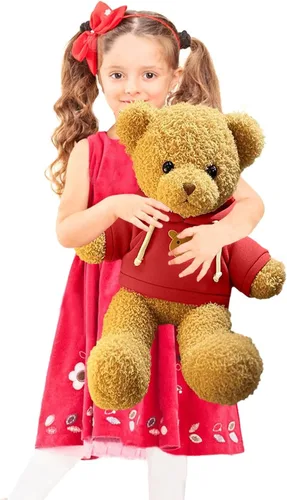 Vista 5 de Oso de peluche de 11.8 pulgadas, lindo oso de peluche con capucha para niños, rojo