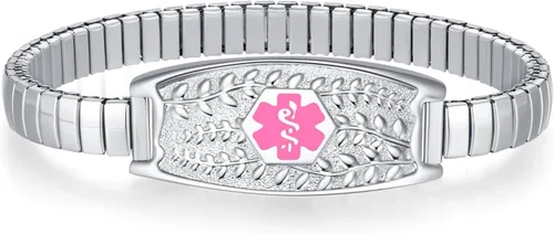 Vista 8 de Pulsera de Alerta Médica Elástica Oliva Divoti – Etiqueta de ID de Acero Inoxidable Grabada Personalizada – Hipoalergénica, Sin Cierre