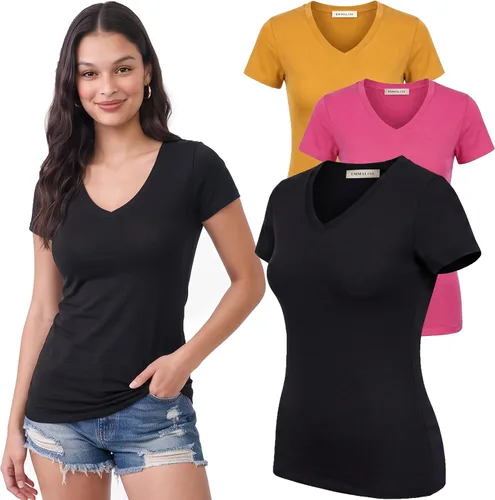 Vista 20 de Emmalise Camiseta de manga corta para mujer, cuello en V, tallas junior y plus