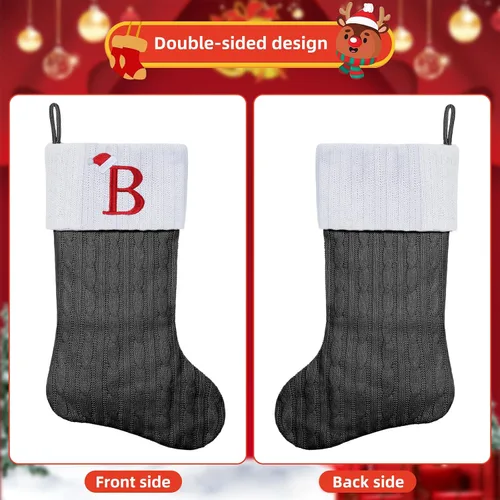 Vista 3 de Medias de Navidad personalizadas de 19 pulgadas con iniciales bordadas, medias de Navidad de punto negro para decoraciones de vacaciones familiares