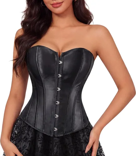 Vista 21 de Zhitunemi - Conjunto de lencería sensual para mujer, corsé de satén negro moldeador de cintura Beige
