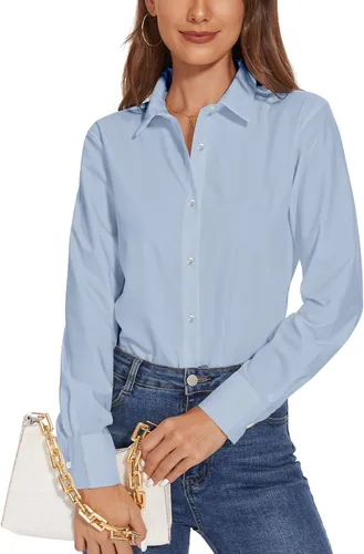 Vista 12 de YAMANMAN Camisas de vestir con botones para mujer, blusas de manga larga con cuello sin arrugas, blusas de trabajo sólidas Blanco