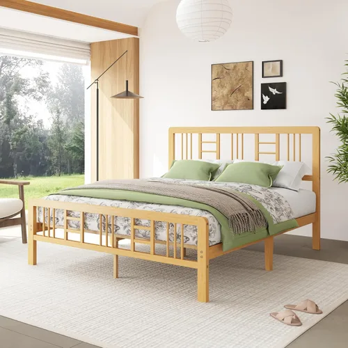 Vista 10 de Marco de cama de madera de bambú de 12 pulgadas con cabecero y estribo, marco de cama con soporte de listones de metal, resistente, no necesita