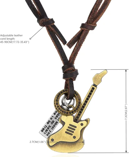 Vista 3 de BIYONGDE Hoja de plumas vintage, guitarra, dos círculos, collar con colgante de cruz de espada, cuero marrón ajustable, étnico