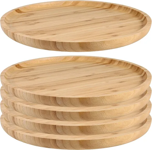 Vista 13 de JOIKIT Paquete de 3 Bandejas Redondas de Bambú de 8 Pulgadas, Platos Redondos de Madera Finamente Pulida, Bandeja de Servir de Bambú para Sostener