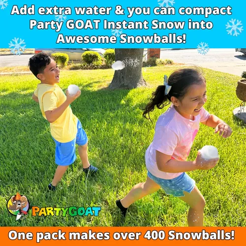 Vista 4 de PARTY GOAT Polvo de nieve instantáneo para juegos y decoración sensoriales. 18 onzas hace 7 galones de nieve falsa. Hasta 400 bolas de nieve