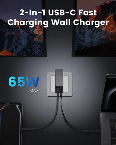 Vista 4 de Gitryin Cargador de pared USB C de 65 W con cable retráctil integrado, bloque de carga rápida plegable 2 en 1, artículos esenciales de viaje