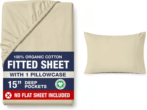 Vista 52 de LANE LINEN - Sábana bajera tamaño individual 100% algodón orgánico y 1 funda de almohada, tejido de percal suave, transpirable, apta para colchones