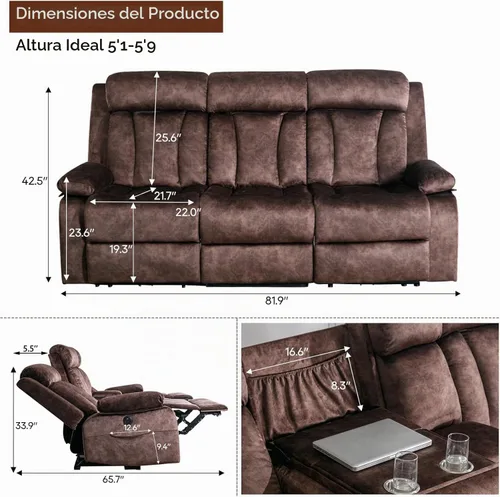 Vista 2 de GUEAPY Sofá reclinable con calor y masaje, sofá reclinable con mesa abatible, sofá reclinable de 3 plazas para sala de estar, asientos de cine
