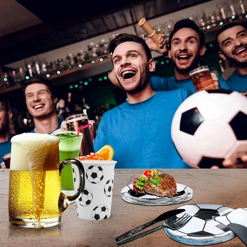 Vista 6 de Juego de vajilla de 144 piezas para fiesta de fútbol, para 24 invitados, incluye platos de papel, servilletas, tazas, cuchillos, tenedores