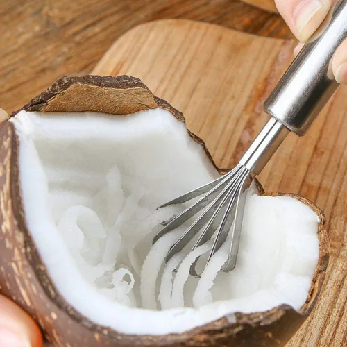 Vista 6 de Fdit Rascador de coco de acero inoxidable con diseño de cinco mandíbulas, herramienta de cocina multifuncional para el hogar con gancho accesorio