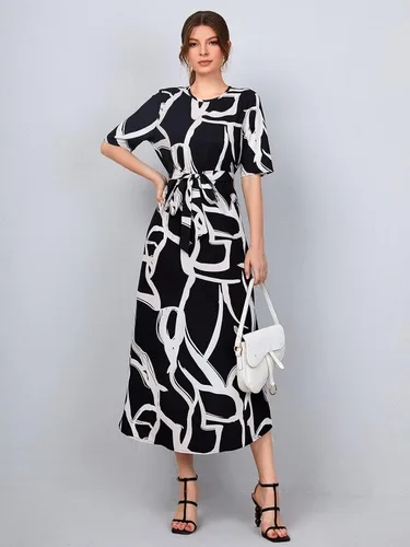 Vista 3 de WDIRARA Vestido largo de manga corta con cuello redondo y cinturón para mujer, vestido elegante