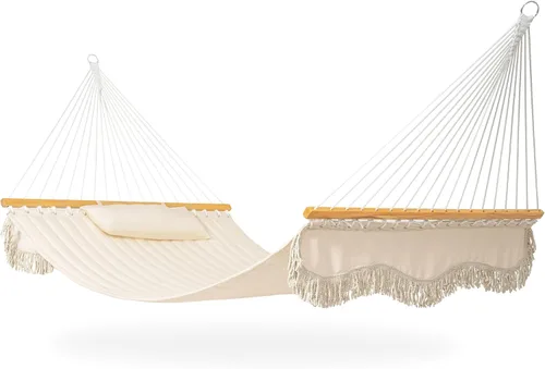 Vista 7 de Lazy Daze Hammocks Hamaca de tela acolchada doble de 12 pies con barra separadora de madera dura, borlas, almohada suave, cadenas, hamaca para 2
