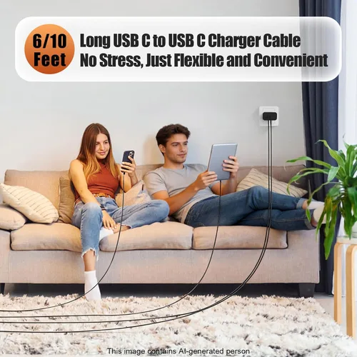 Vista 6 de Cargador dual tipo C de 45 W de carga rápida para Samsung, PD 3.0 GaN bloque de cargador de teléfono Android súper rápido con cable USB C largo