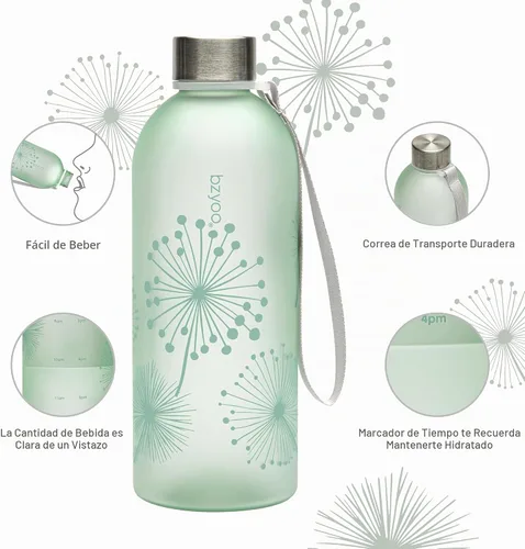 Vista 5 de bzyoo - Botella de agua de 32 onzas / 1 litro con marcador de tiempo, diseño de diente de león, plástico duradero, sin BPA, reutilizable con marcas