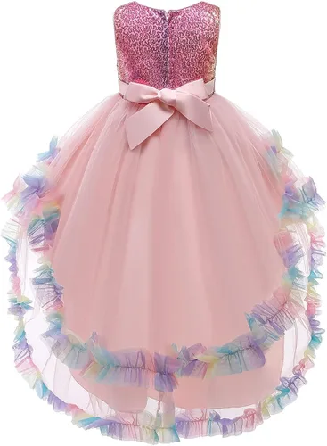 Vista 3 de HIHCBF Disfraz de unicornio para niñas Halloween Navidad lentejuelas princesa vestido de tul alto vestido de fiesta de cumpleaños con diadema