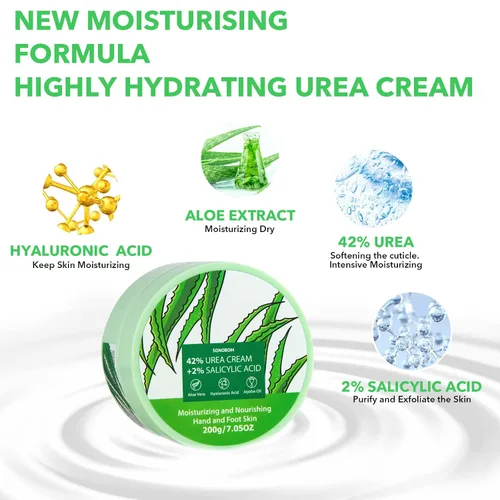 Vista 2 de Crema de urea 42 por ciento para pies, 7.0 onzas, 2% ácido salicílico, aloe vera, ácido hialurónico, crema hidratante profundamente para pies secos