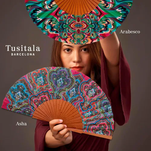 Vista 5 de Spanish Balance Fan - Wood and Cotton - 23 cm - Jute Case and Case - Fashion Accessory - Handmade in Spain - Events and Gifts - Geometries
