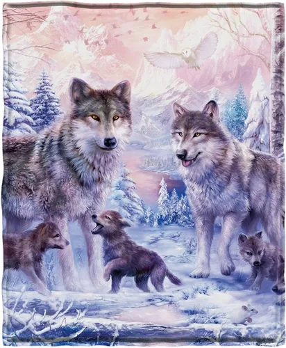 Vista 8 de KYKU Mantas y mantas de lobo rosa, manta de vellón de lobos con animales decorativos de nieve para adultos y niños, diseño de amor familiar, bonito