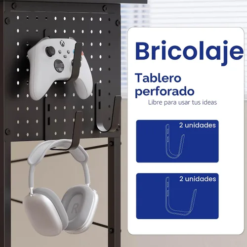 Vista 6 de Pamray - Escritorio para juegos en forma de L de 64 pulgadas con soporte para monitor y tomas de corriente
