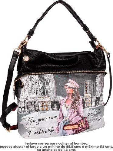 Vista 5 de Nicole Lee Sara is - Bolso de hombro grande suave pero fuerte, bolso de mano con tachuelas con adornos de diamantes negros con correa cruzada