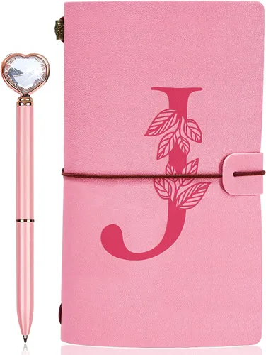 Vista 15 de Diario personalizado para regalo, diario de cuero con inicial rosa + juego de bolígrafo de corazón de diamante, cuaderno de viaje, bloc de notas