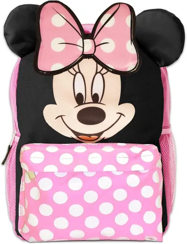 Vista 2 de Disney Mochila de cara grande Minnie Mouse de 12 pulgadas para niña, Rosa-Negro, Viajar