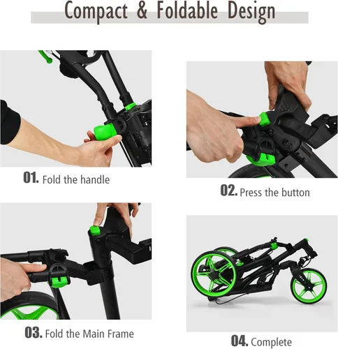 Vista 6 de Tangkula Carrito de golf con rueda delantera giratoria de 360°, carrito de golf plegable de aluminio de 3 ruedas, carrito de golf con correa
