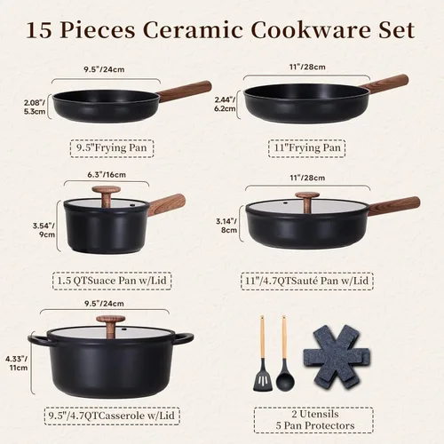 Vista 8 de JEETEE Juego de utensilios de cocina de cerámica, 15 ollas y sartenes antiadherentes con asas extraíbles, juego de utensilios de cocina de inducción