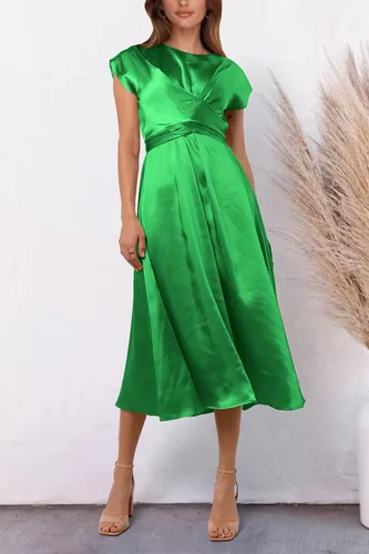 Vista 7 de PRETTYGARDEN Vestido midi de satén de verano 2023 para mujer, manga casquillo, lazo en la cintura, elegante, vestido acampanado