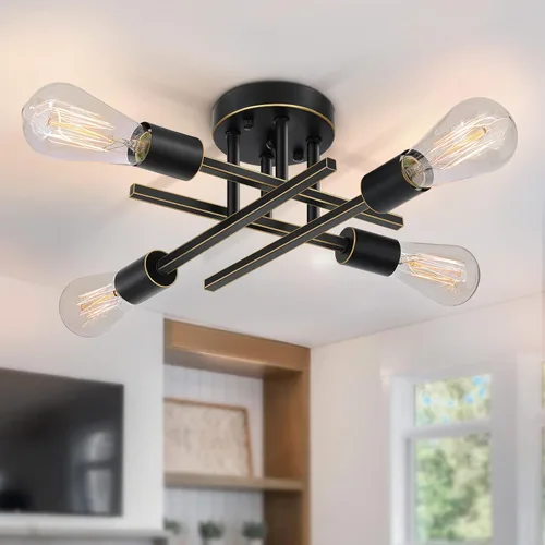 Vista 9 de SunRider Lámpara Industrial de Techo Semi Empotrada de 4 Luces, Luces de Pasillo de Bronce Frotado con Aceite, Candelabro Sputnik de Metal Retro