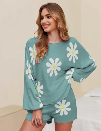 Vista 3 de Ekouaer - Conjunto de pijama de punto para mujer, ropa de descanso, sudadera de manga larga y pantalones a juego, casual, 2 piezas, tallas S-XXL