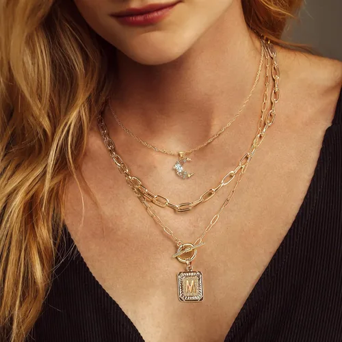 Vista 9 de MJartoria Collares con inicial en capas para mujer, a la moda, chapado en oro de 14 quilates, gargantilla de estrella simple, collar con dije