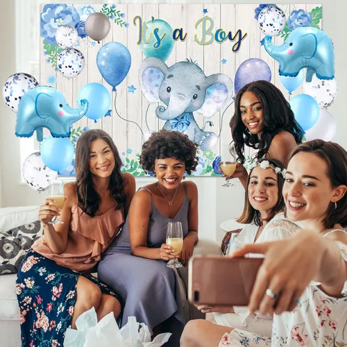 Vista 7 de Decoraciones para baby shower, 121 piezas de suministros de fiesta de elefantes, incluyen telón de fondo, pancarta, globos, mantel y decoración