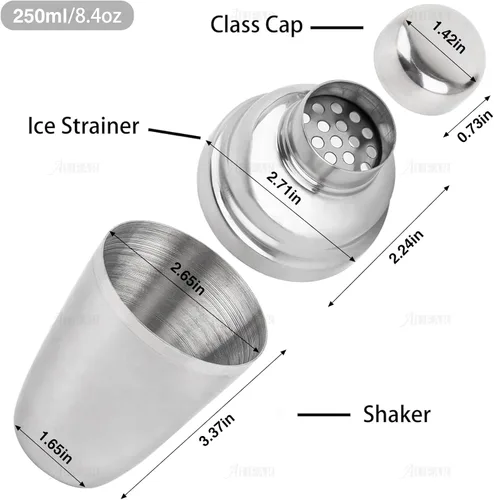 Vista 3 de AUEAR, Pequeña coctelera de acero inoxidable 8,4 onzas/8.5 fl oz Martini Shakers Bar Herramientas Plata